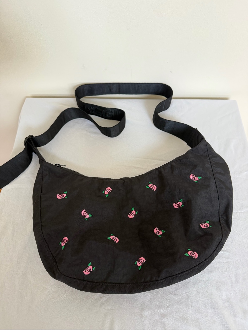 BAGGU UO Exclusive Rose Embroidery Medium Nylon Crescent Bag New